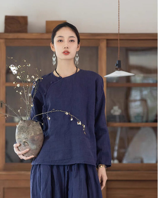 Linen Cheongsam Qipao Top in Purplish Blue