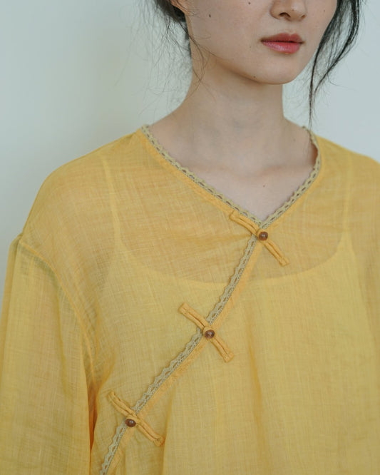 V-neck Ramie Cheongsam Qipao Top in Yellow