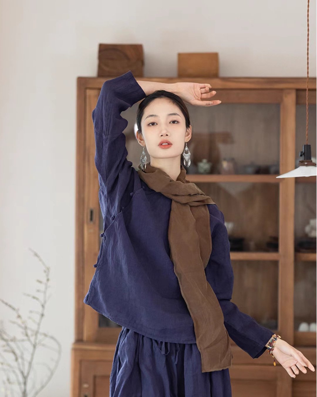 Linen Cheongsam Qipao Top in Purplish Blue