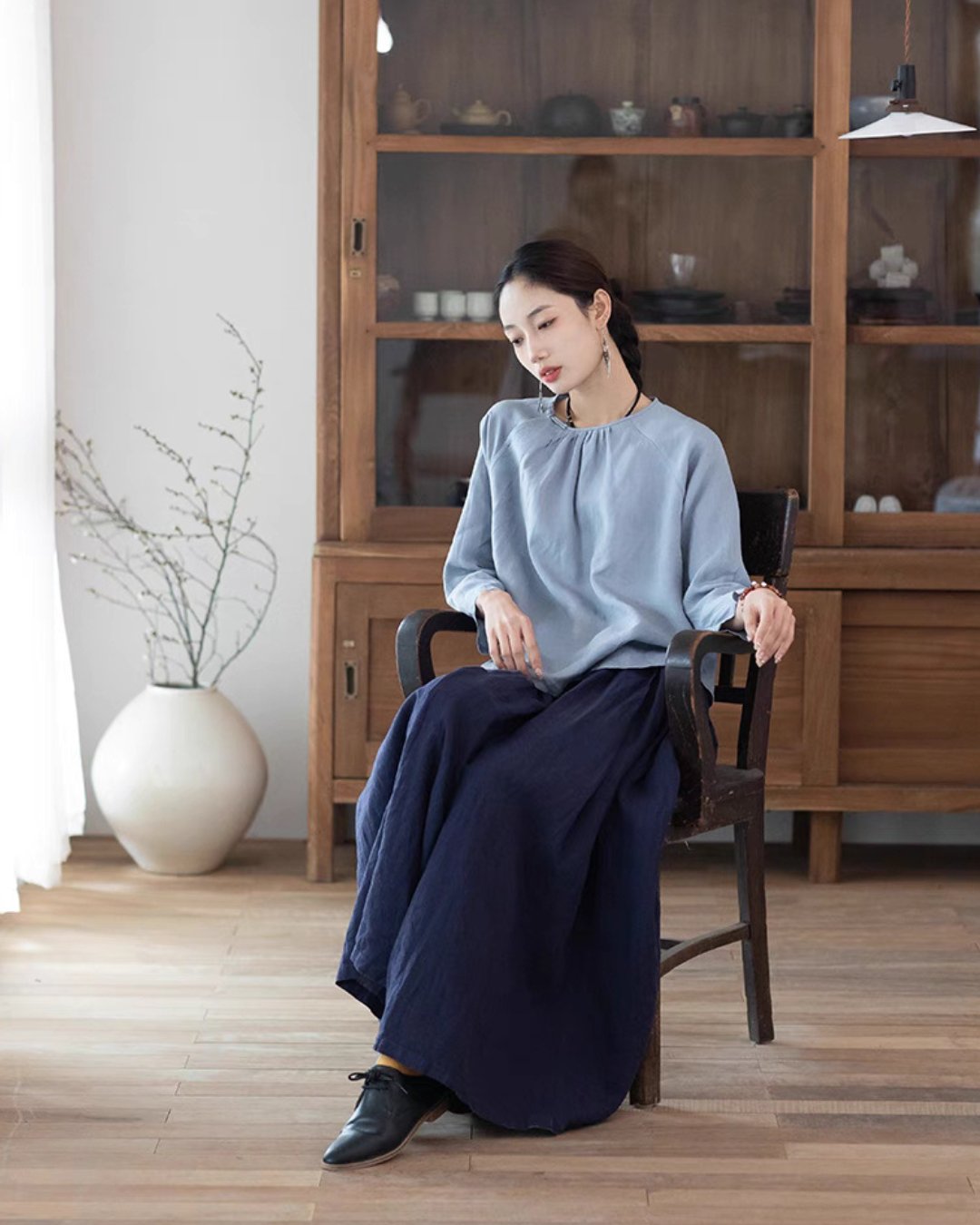 Linen Skirt Pants in Purplish Blue