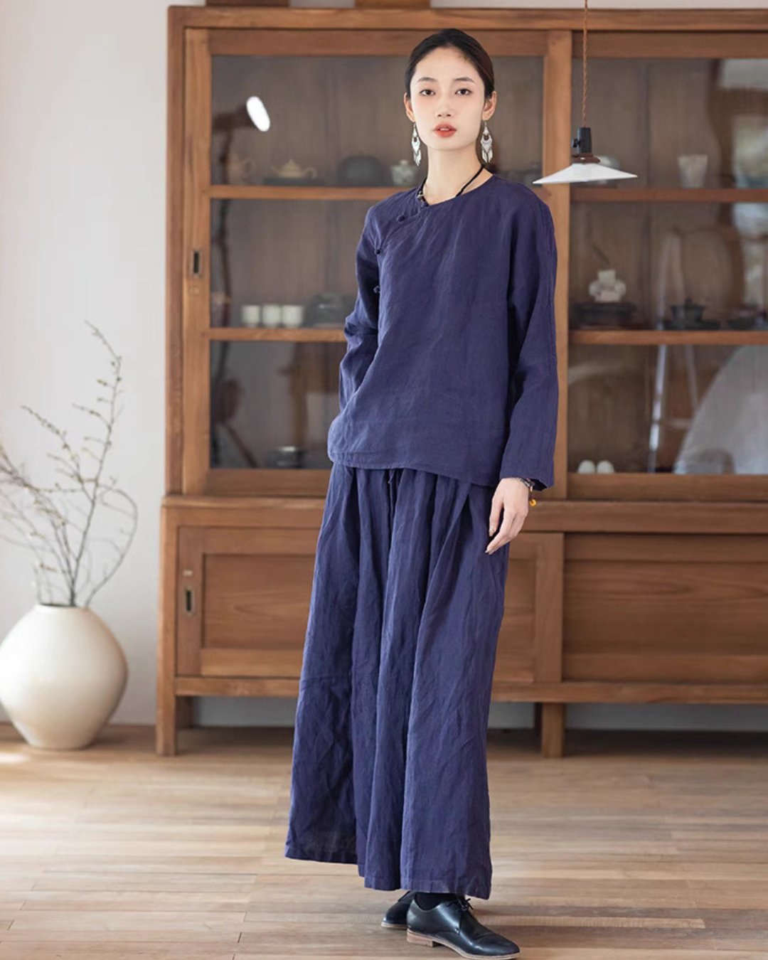 Linen Cheongsam Qipao Top in Purplish Blue