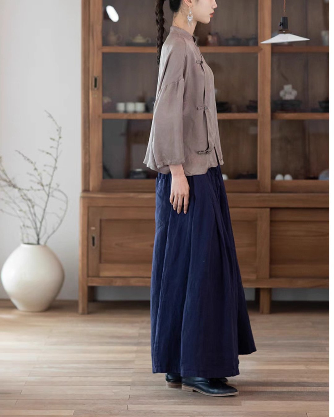 Linen Skirt Pants in Purplish Blue