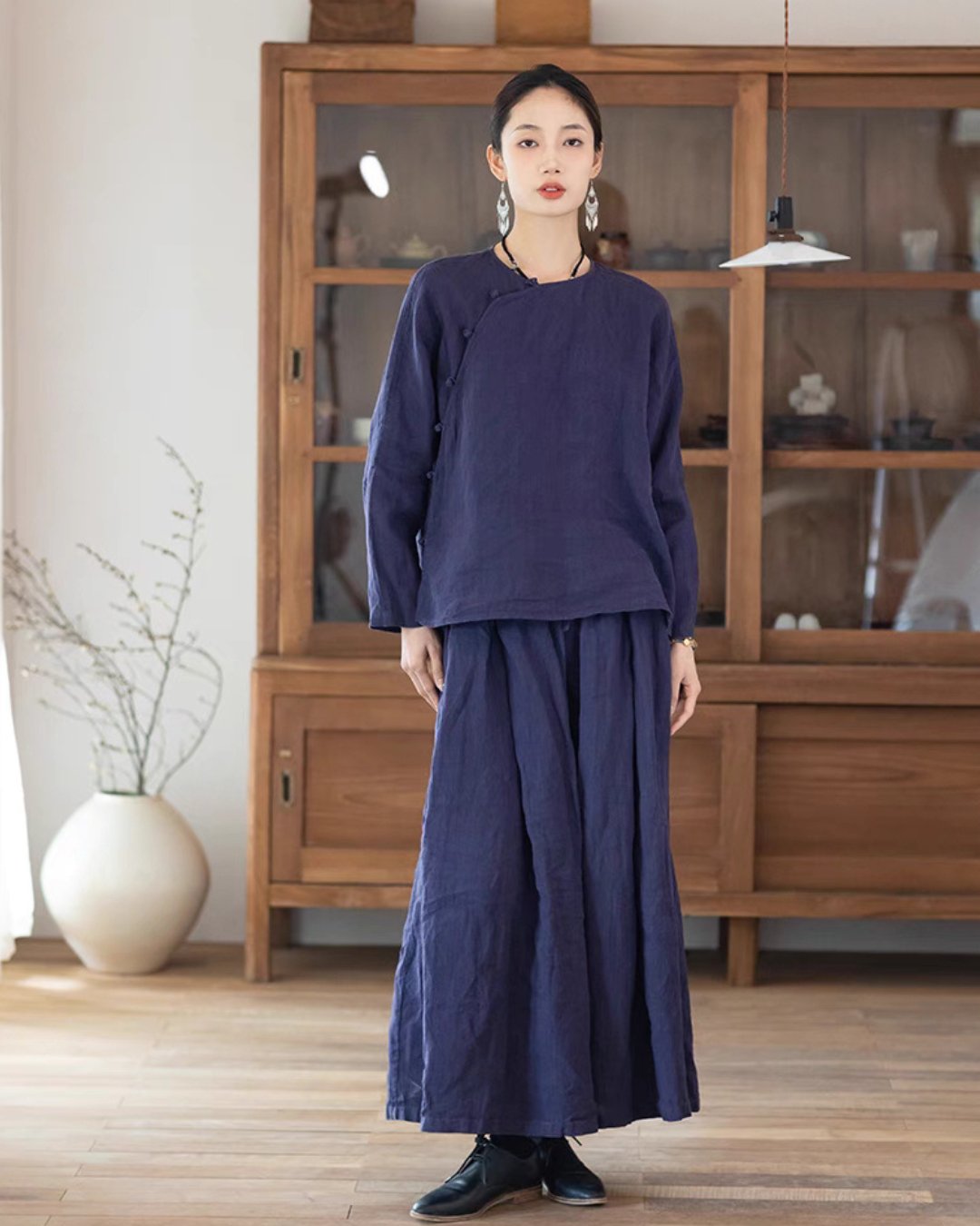 Linen Skirt Pants in Purplish Blue