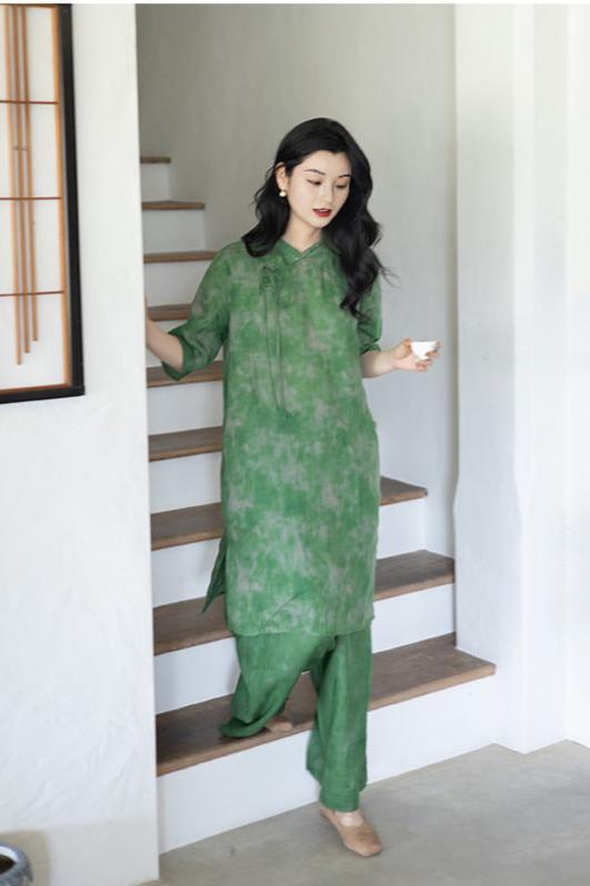 Abstract Green Cheongsam Long Top