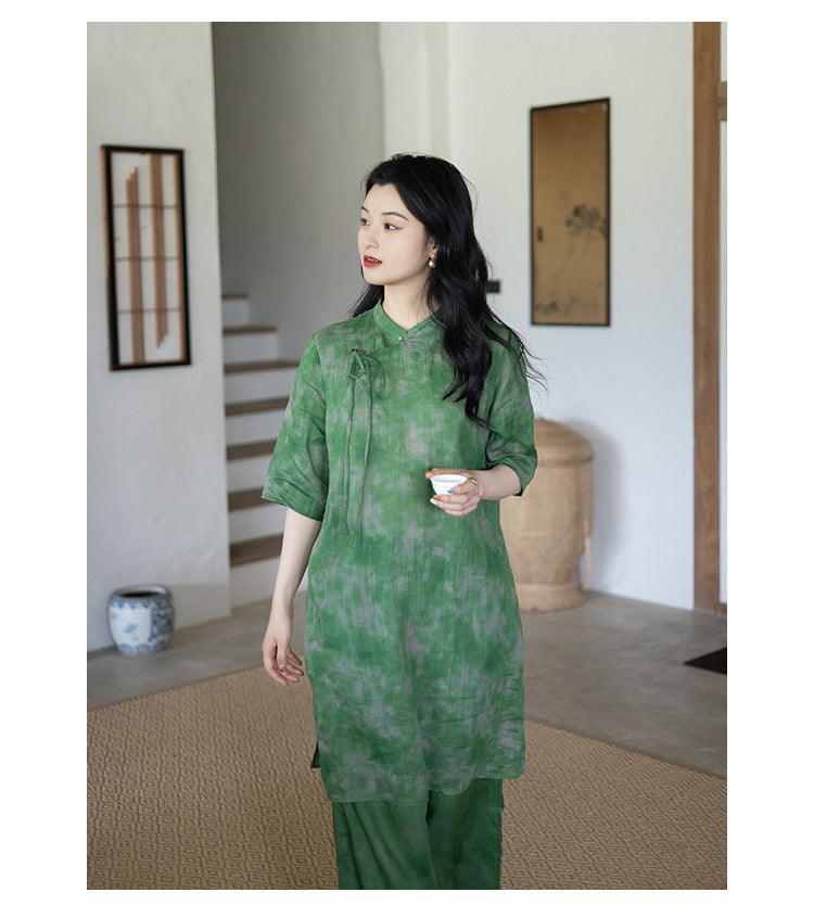 Abstract Green Cheongsam Long Top