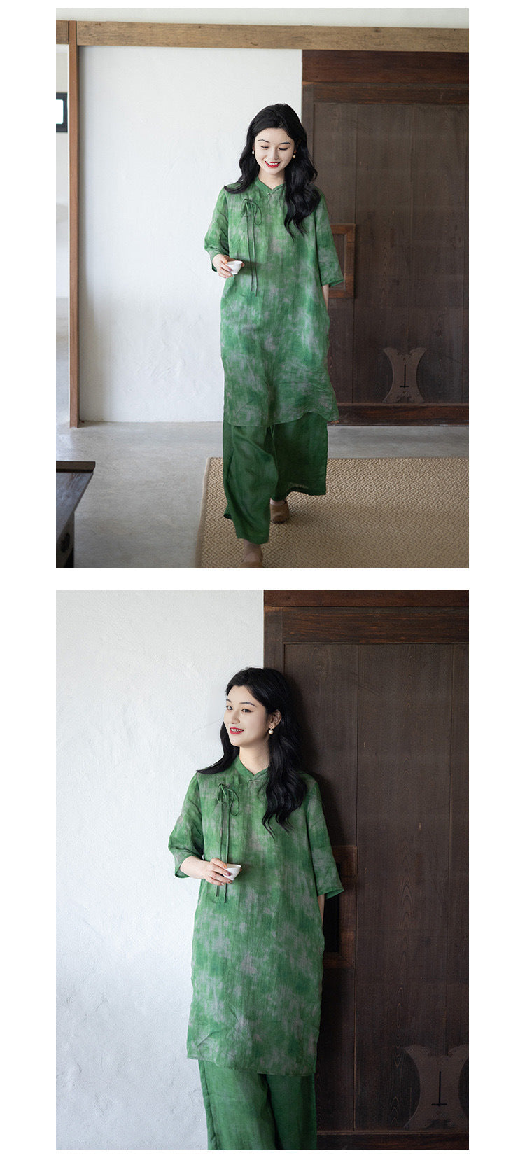 Abstract Green Cheongsam Long Top