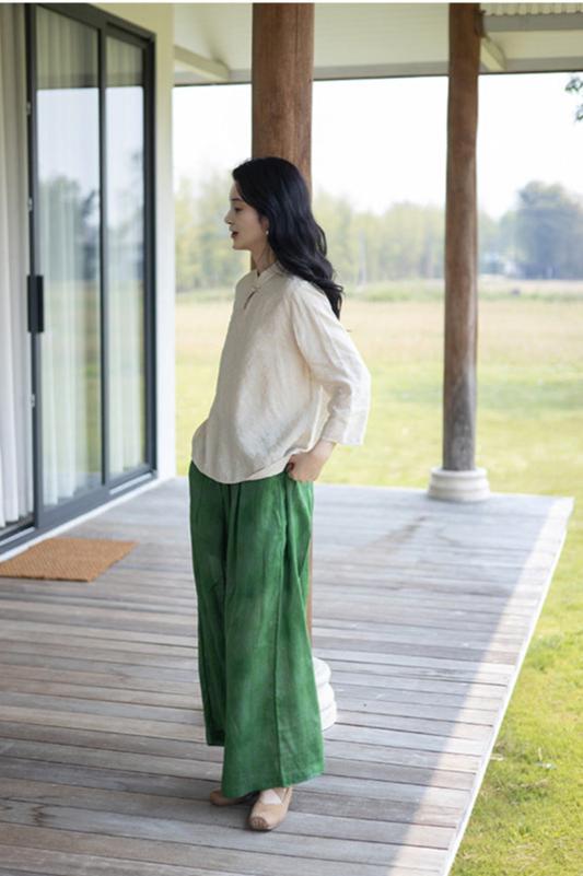 Abstract Green Ramie Long Pants