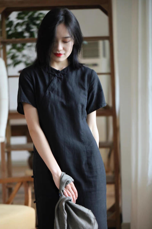 Classic Linen Cheongsam Dress in Black