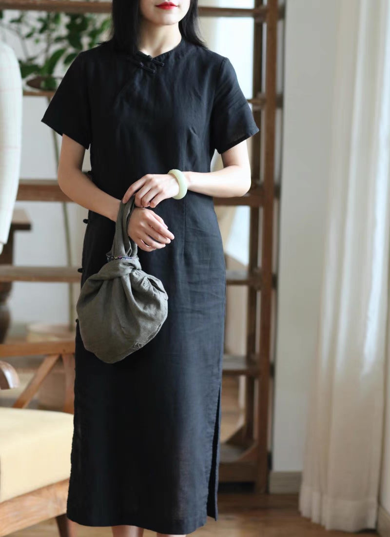 Classic Linen Cheongsam Dress in Black