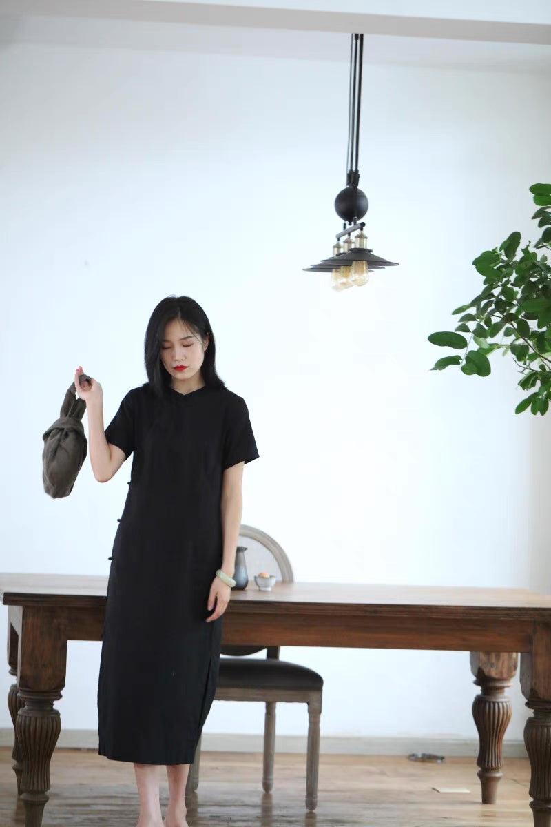 Classic Linen Cheongsam Dress in Black