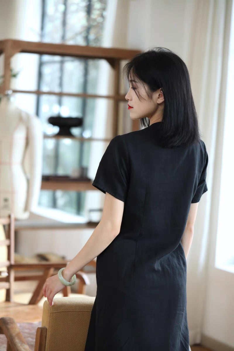 Classic Linen Cheongsam Dress in Black