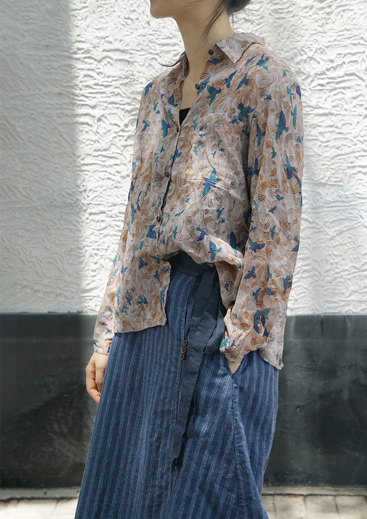 Blue Bird Print Ramie Shirt