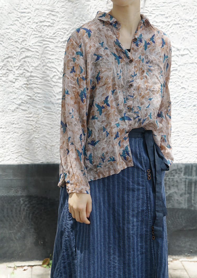 Blue Bird Print Ramie Shirt