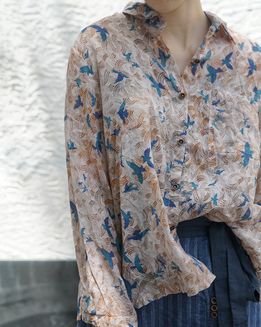 Blue Bird Print Ramie Shirt