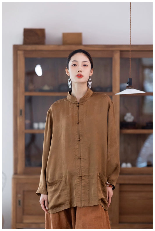 Chinese Button Cheongsam Top in Brown