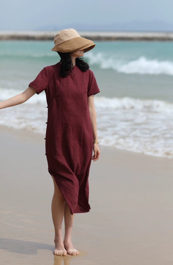 Classic Linen Cheongsam Dress in Maroon