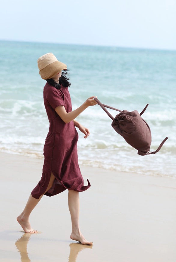 Classic Linen Cheongsam Dress in Maroon