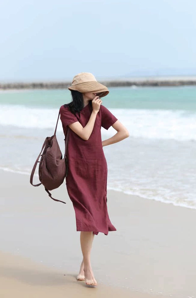 Classic Linen Cheongsam Dress in Maroon