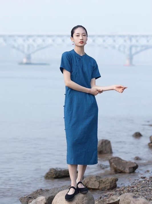 Classic Linen Cheongsam Dress in Blue