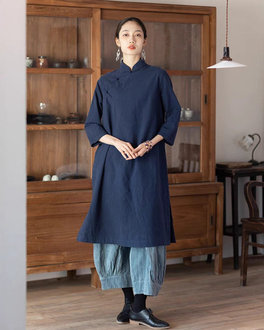 Cotton Linen Cheongsam Qipao Dress in Navy Blue