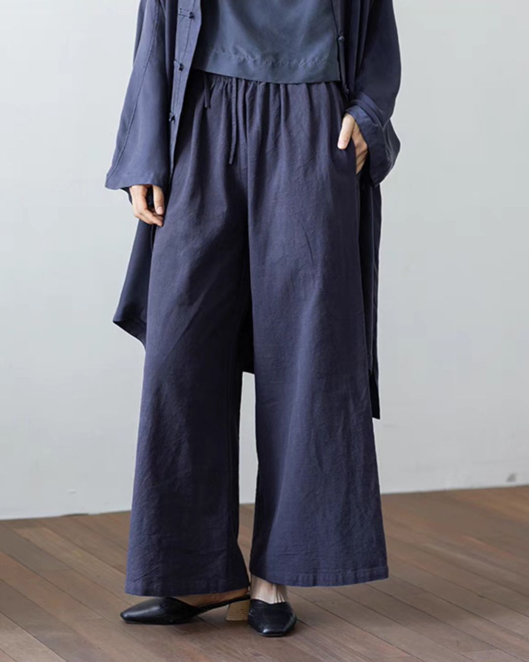 Cotton Linen Straight Cut Long Pants in Dark Blue