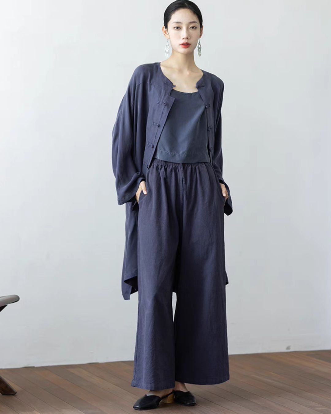 Cotton Linen Straight Cut Long Pants in Dark Blue