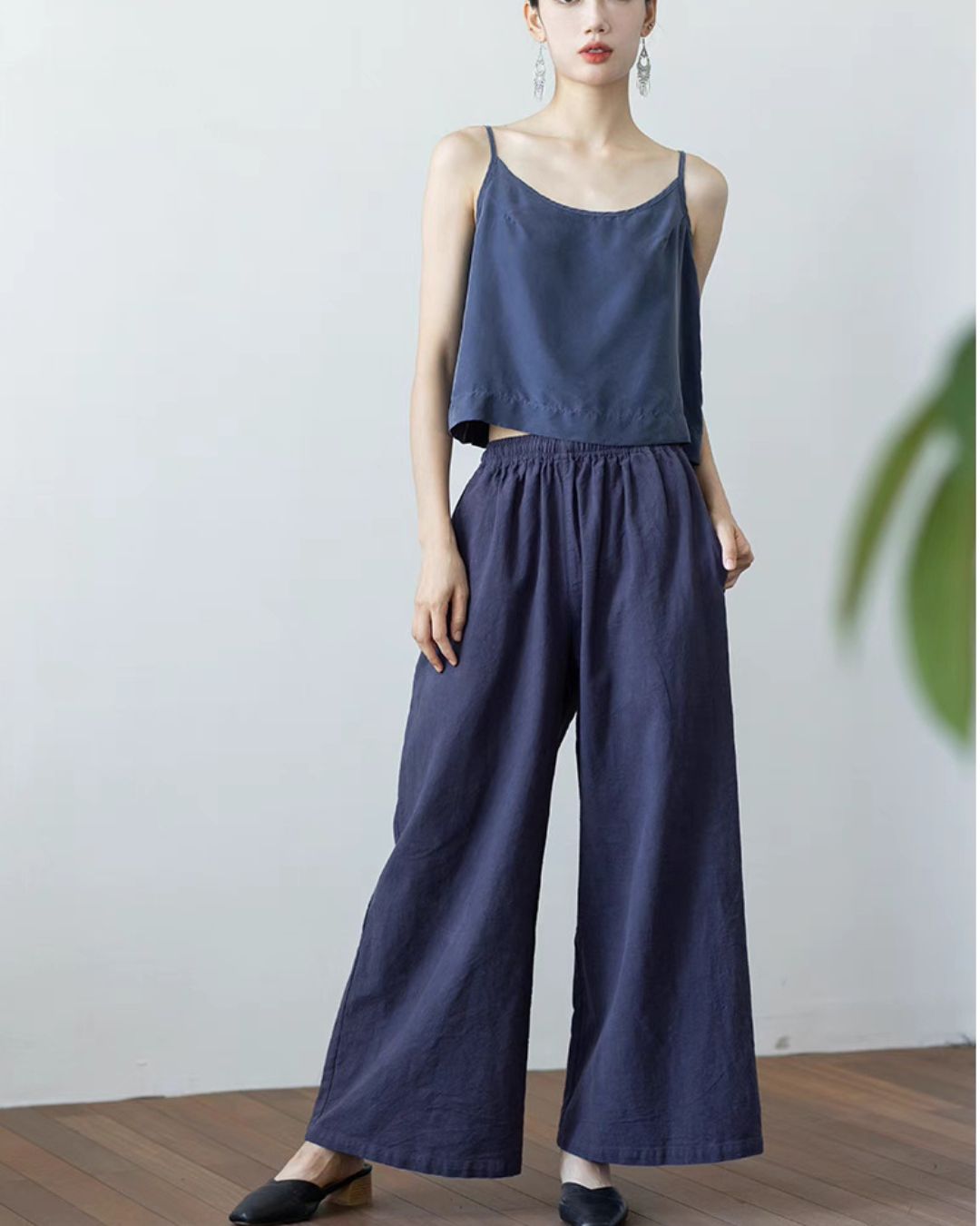 Cotton Linen Straight Cut Long Pants in Dark Blue