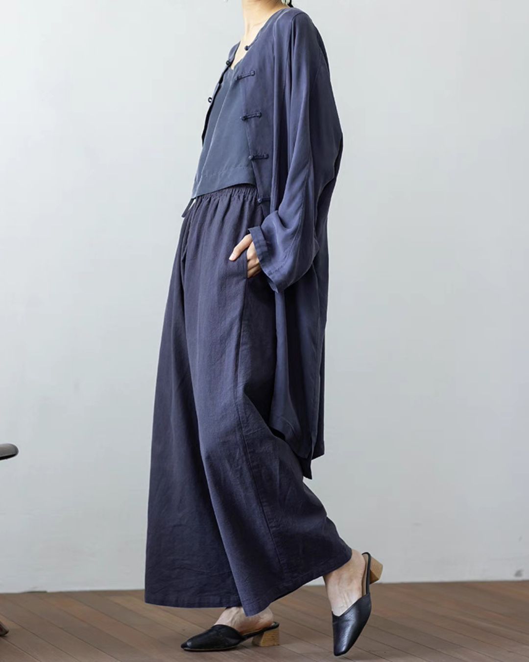 Cotton Linen Straight Cut Long Pants in Dark Blue