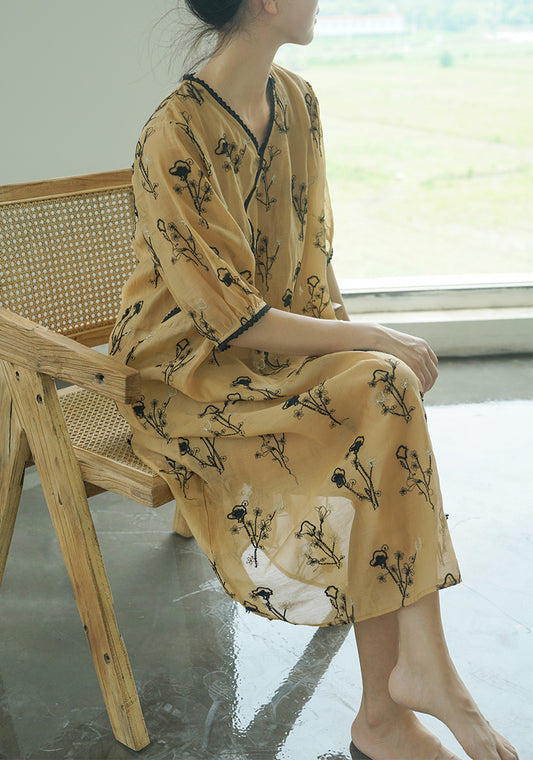 Embroidered Cheongsam Maxi Dress in Yellow