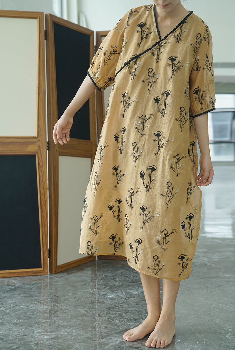 Embroidered Cheongsam Maxi Dress in Yellow