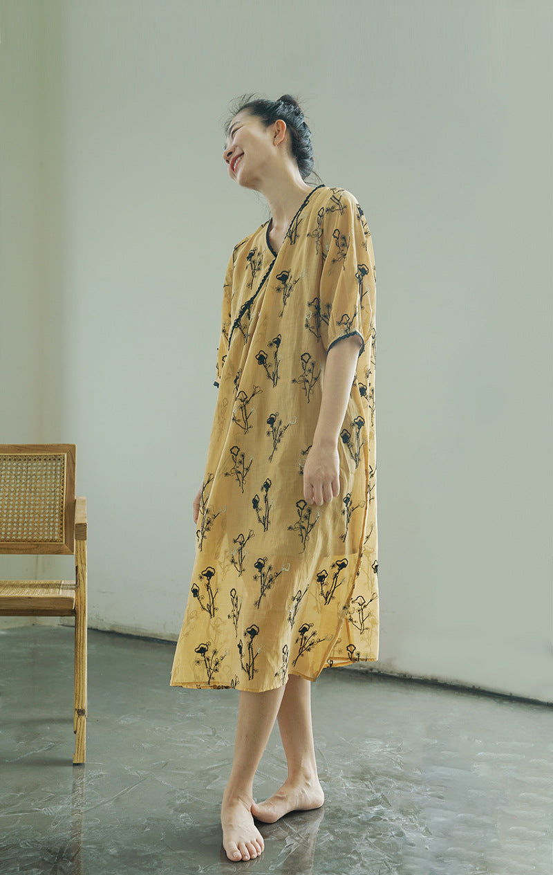 Embroidered Cheongsam Maxi Dress in Yellow