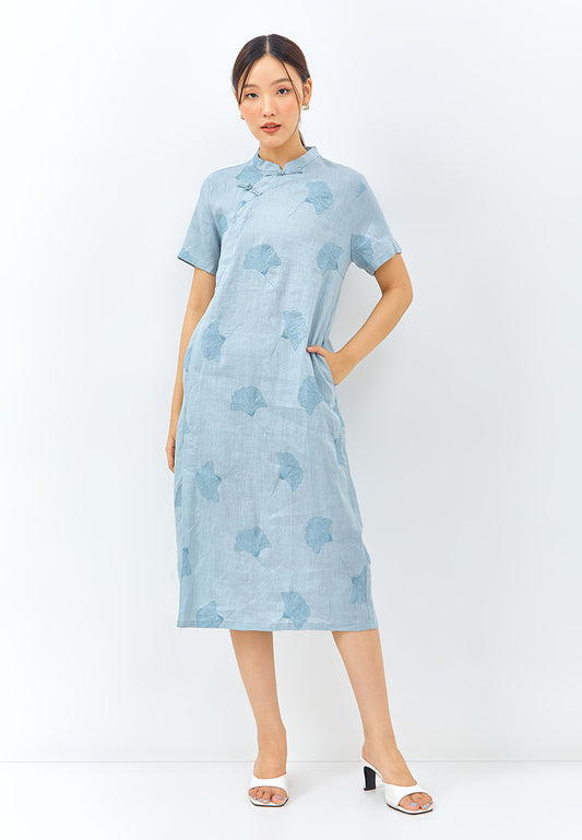 Embroidered Linen Cheongsam Dress in Light Blue