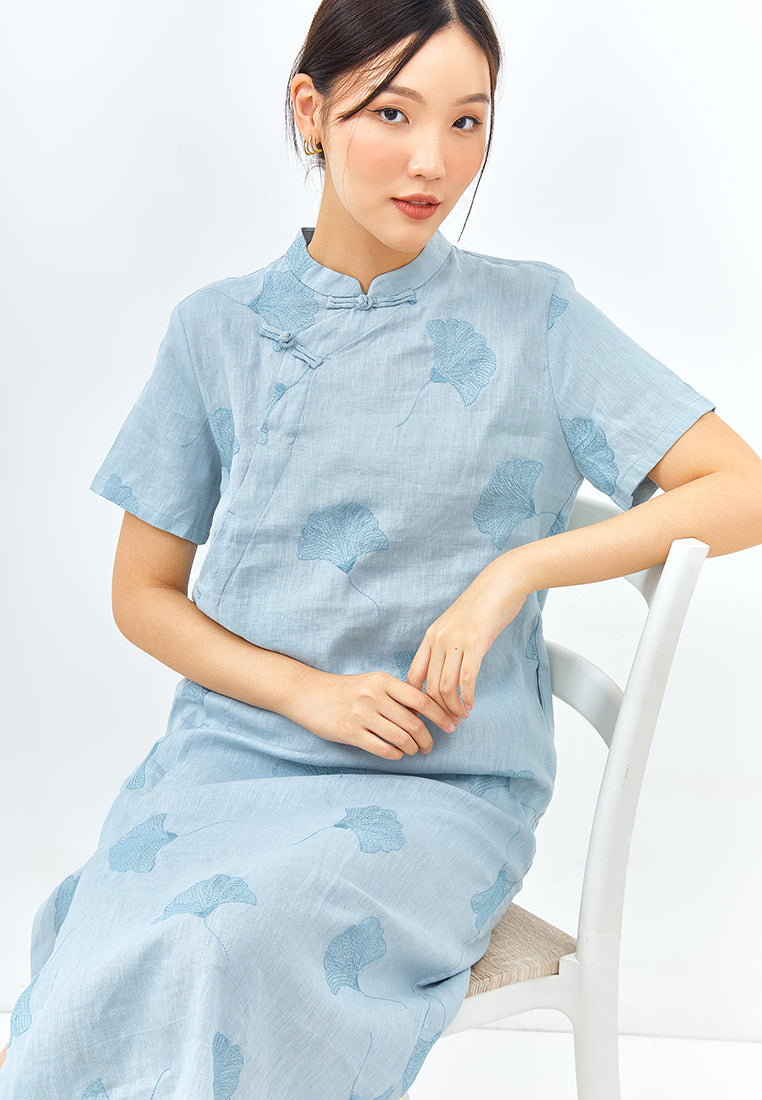 Embroidered Linen Cheongsam Dress in Light Blue