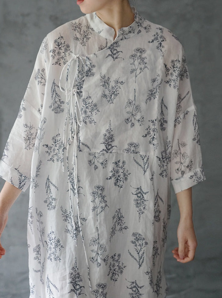 Floral Print Chinese Collar Long Top