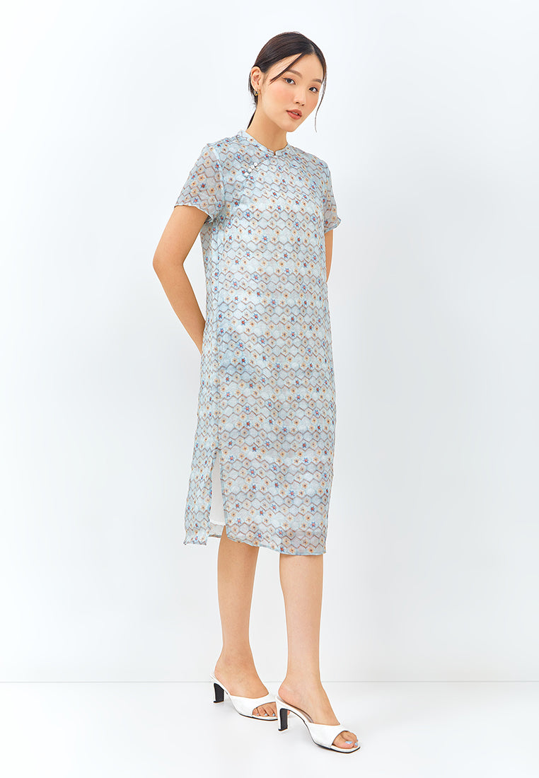 Geometric Print Cheongsam Dress in Light Blue