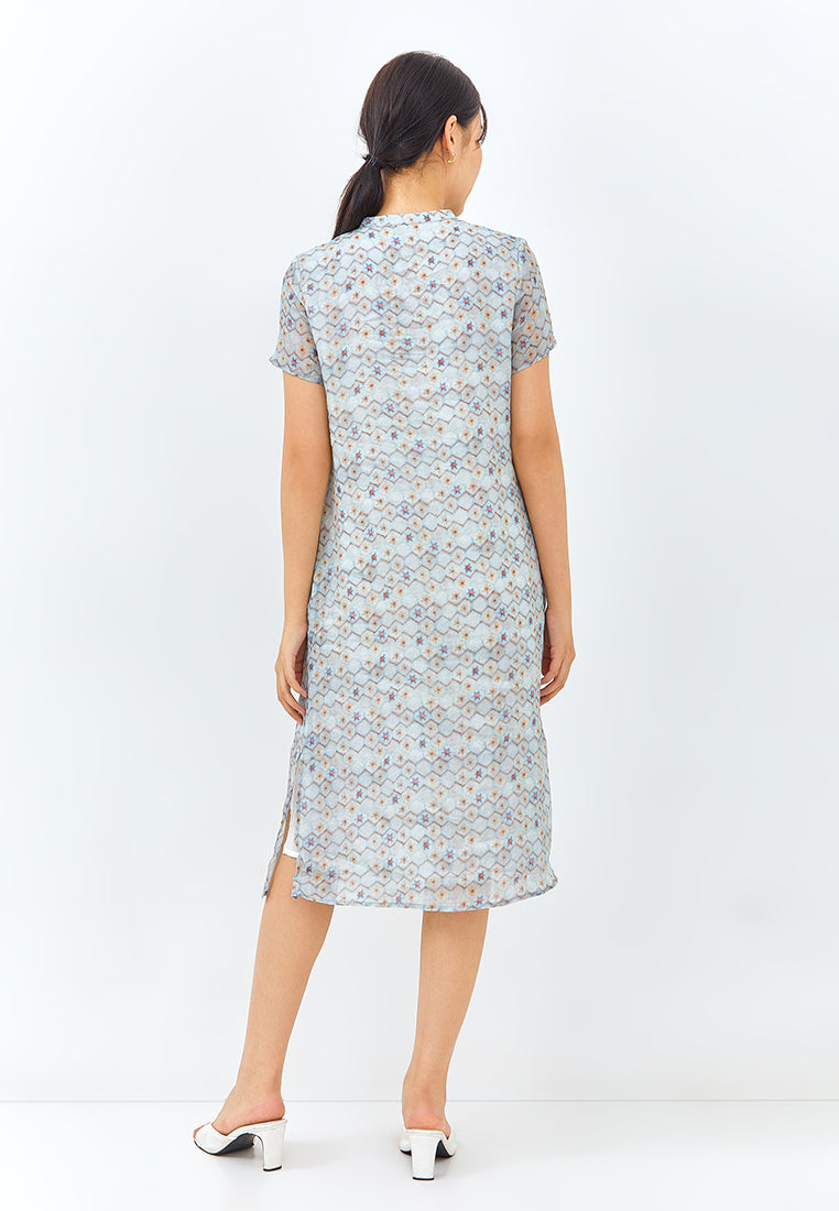 Geometric Print Cheongsam Dress in Light Blue