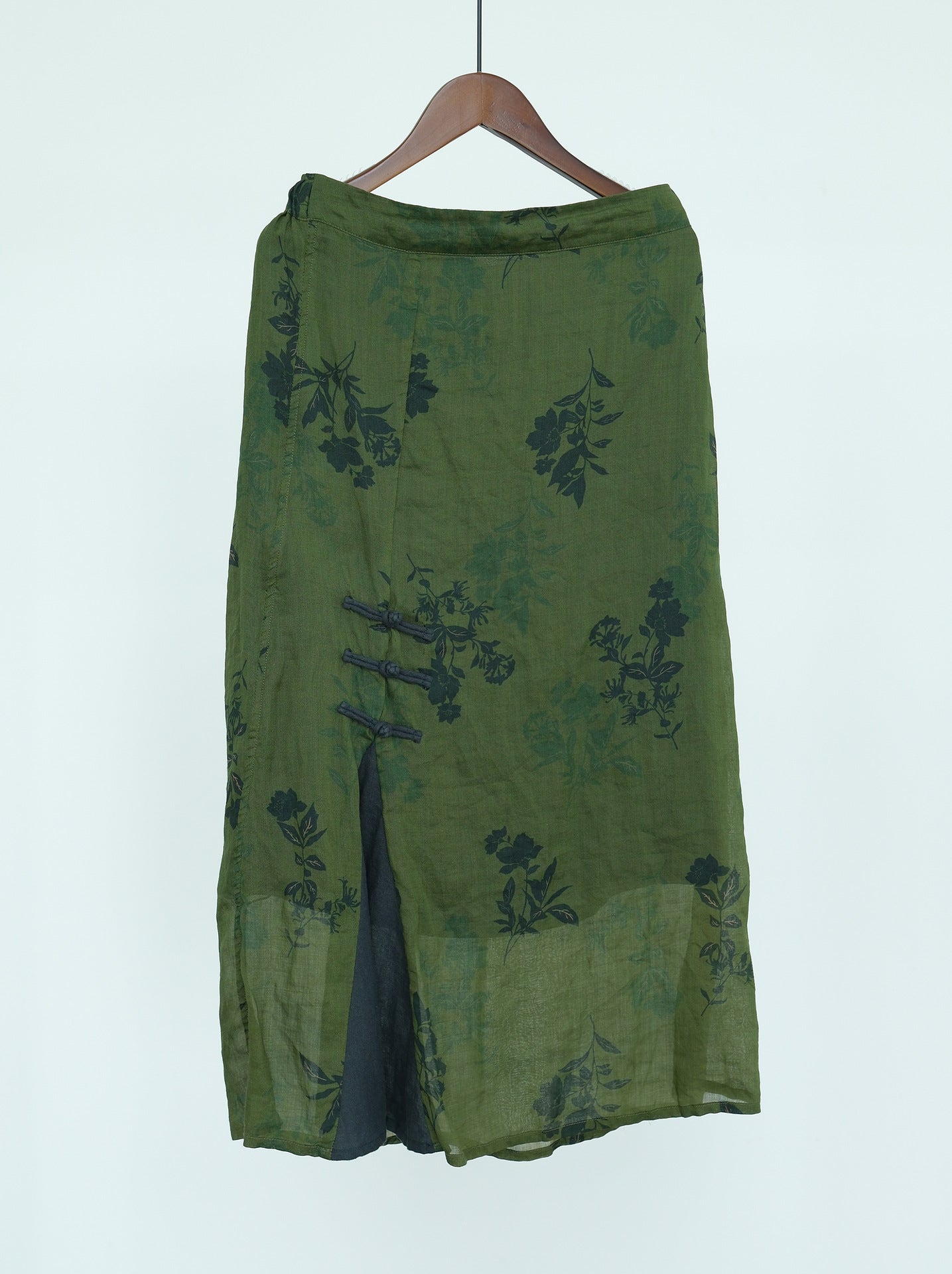 Green Floral Chinese Button Skirt