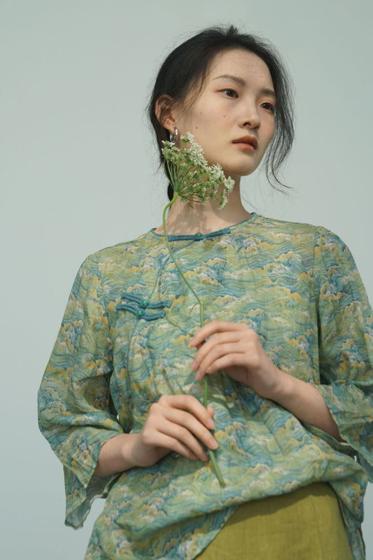 Green Mountain Print Cheongsam Qipao Top