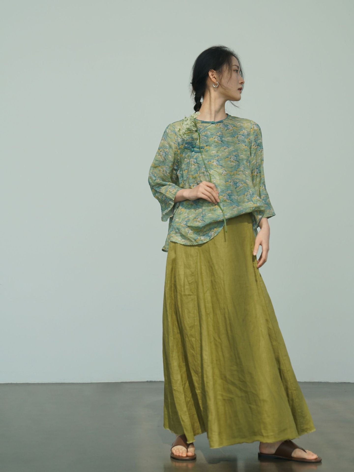 Green Mountain Print Cheongsam Qipao Top