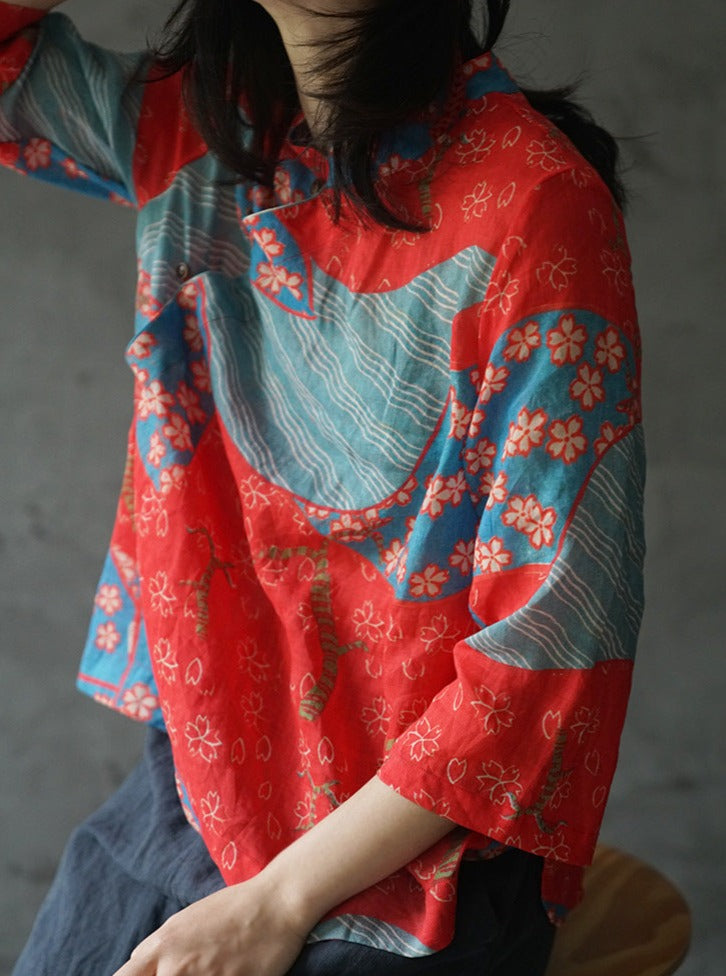 Red Sakura Print Cheongsam Top