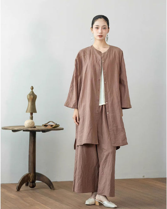 Linen Button Long Top in Light Brown