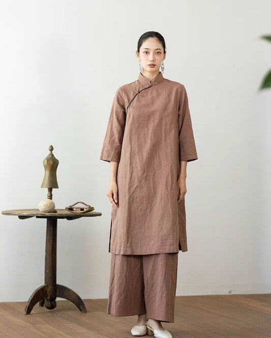 Linen Cheongsam Qipao Dress in Light Brown