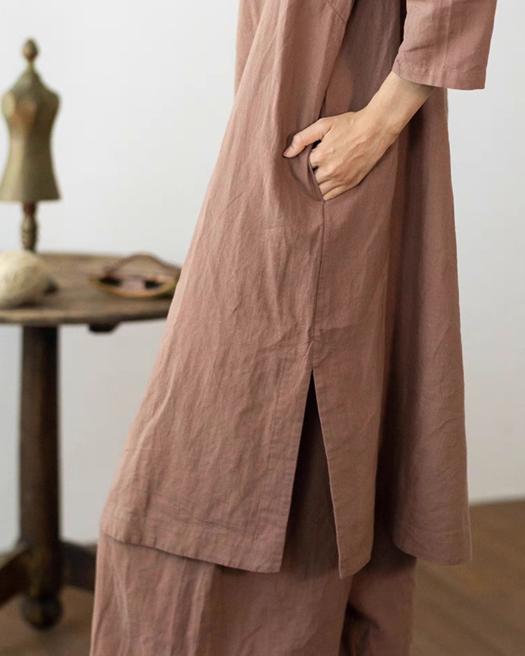 Linen Cheongsam Qipao Dress in Light Brown