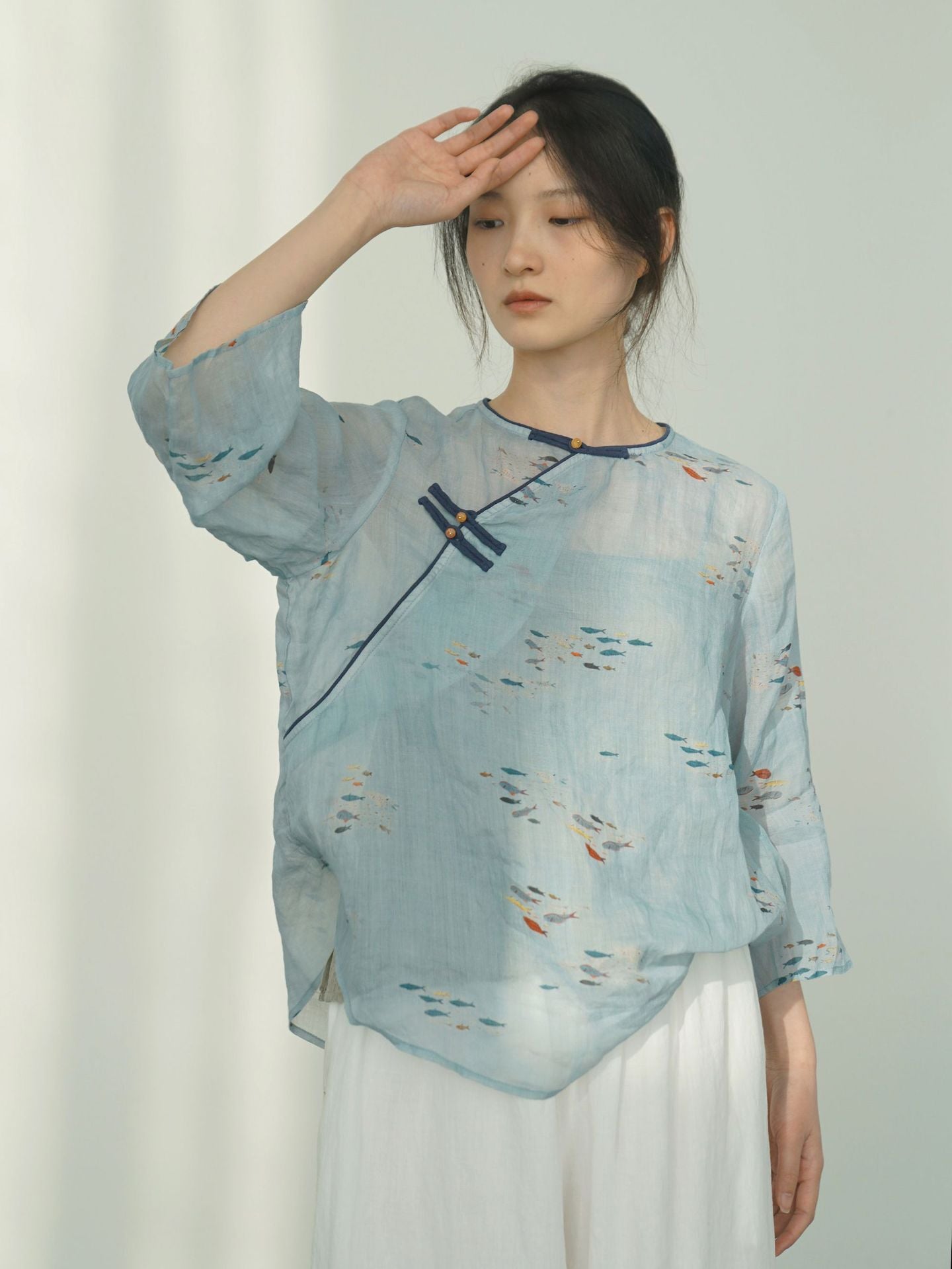 Little Fish Cheongsam Qipao Top in Blue