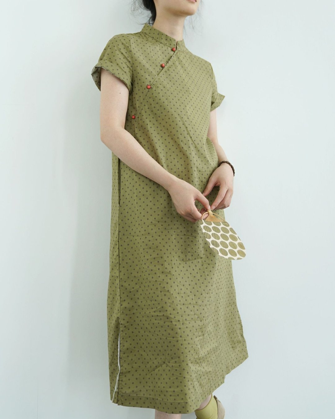 Polka Dot Cheongsam Qipao Midi Dress in Army Green