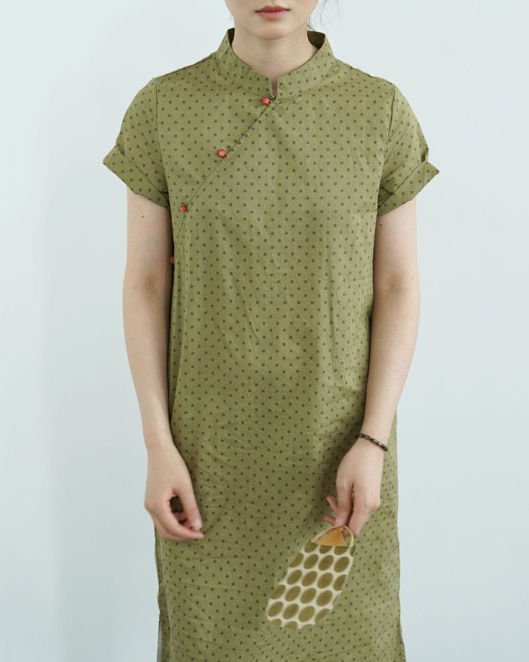 Polka Dot Cheongsam Qipao Midi Dress in Army Green