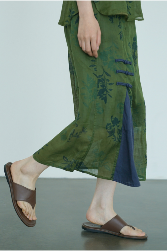 Green Floral Chinese Button Skirt