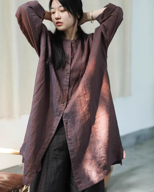 Spun Dyed Yarn Linen Button Long Top