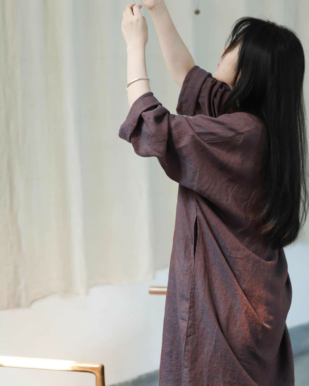 Spun Dyed Yarn Linen Button Long Top