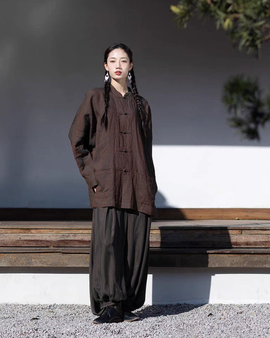 Spun Dyed Yarn Linen Cheongsam Coat in Coffee Brown